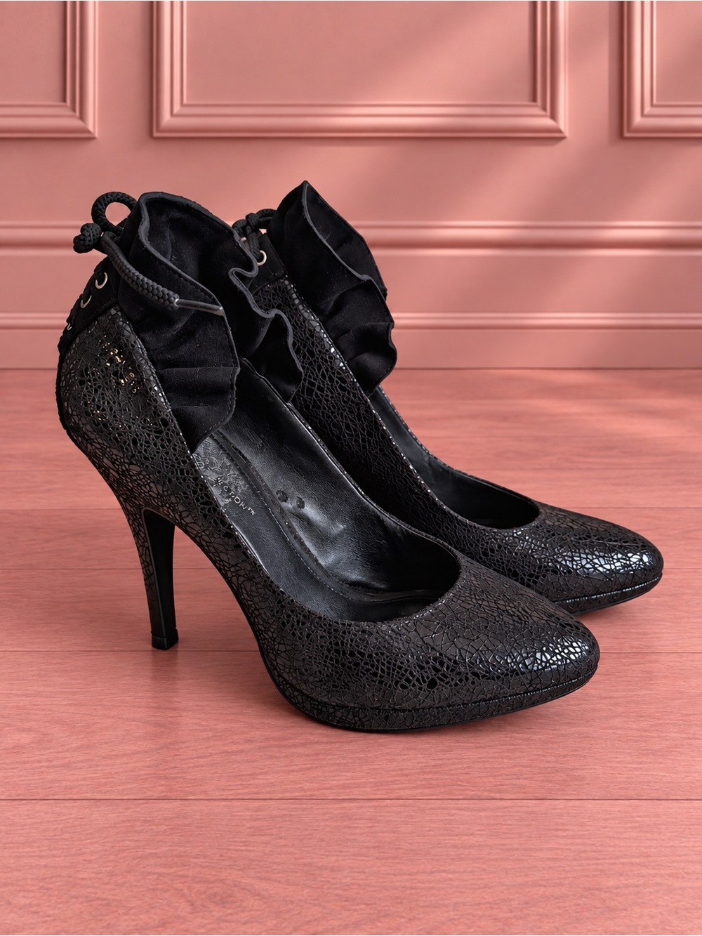 BCBGeneration Black Ruffle Accent Lace-Up Corset Detail High Heels